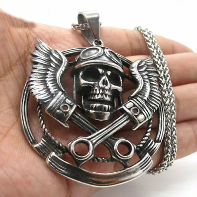 Mens 24 Inch Motorcycle Club Biker Skull Pendant Necklace Stainless Steel Gift • $7.99