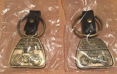 Pair NOS Vintage 1980's Harley-Davidson 1903 & 1909 Brass & Leather  Keychains • $29.95