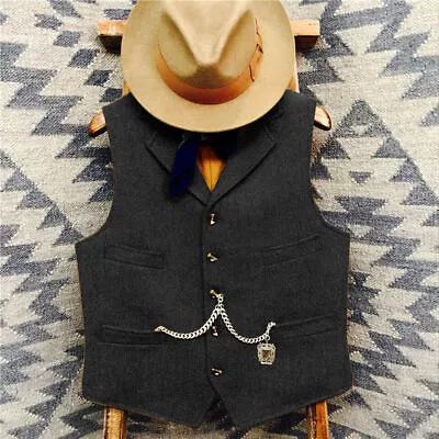 Mens Western Cowboy Vest Tweed Wool Herringbone Vintage Vests M Large XL XXL 3XL • $25.49