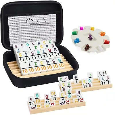 Mexican Train Dominoes Set With Numbers And 4 Wooden Trays/Racks Double 12 D... • $53.62