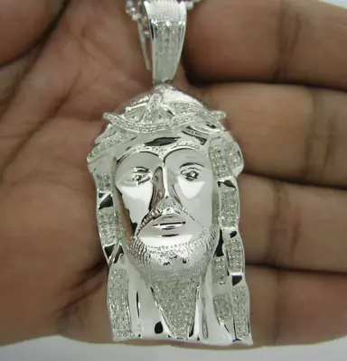 .65 Carat 2.50 Inches Men Sterling Silver Real Diamond Jesus Head Cross Pendant • $350