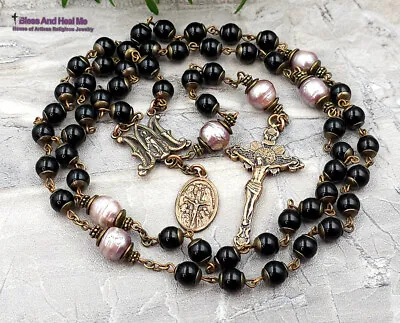 Miraculous Mary Black Onyx Pearls Vintage Bronze Rosary • $159