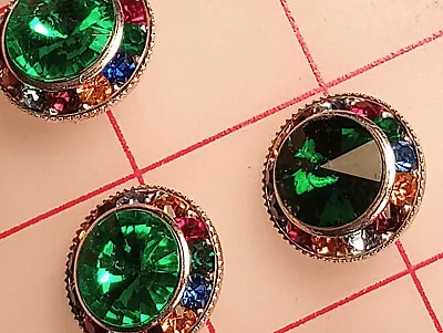 $5 • Buy 2 Forest Green Multi Colored Rainbow Rhinestone Shank Buttons  7/8  Czech