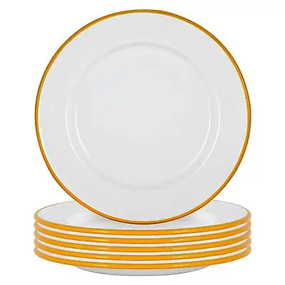 6x White Enamel Dinner Plates Metal Outdoor Camping Food Dishes 25.5cm Yellow • £19