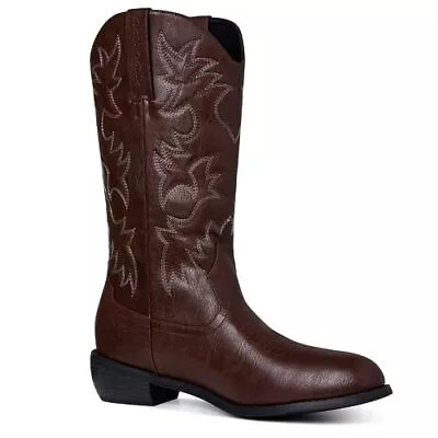 Cowboy Boots For Men Round Toe Distressed Work Boots Embroidered 9 Dark Brown • $102.77
