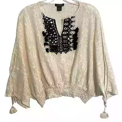 Vineet Bahl Lona Top Womens Small Cream & Black Tassels Lace Boho Anthropologie  • $34.95