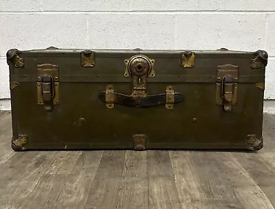 Antique Early 1900's Olive Green Metal Steamer Trunk With Tray • $229