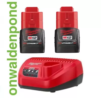 MILWAUKEE GENUINE M12 12-VOLT 12V 2.0AH X 2 LITHIUM-ION BATTERY +CHARGER SET NEW • $69.95