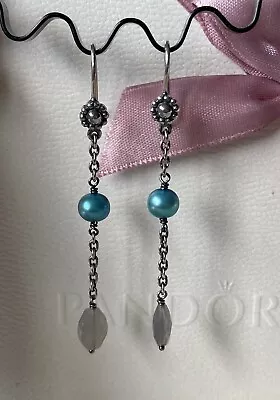 Genuine Pandora Holy Grail Blue Pearls Gray Moonstone Earrings Extremely Rare • £190