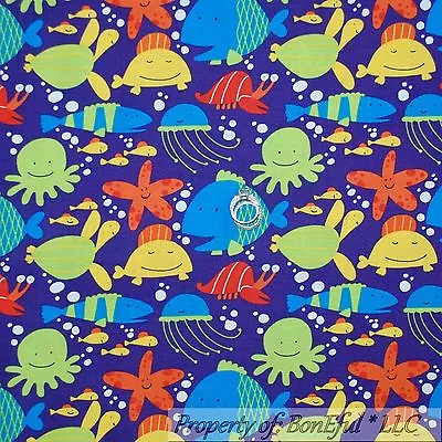 BonEful FABRIC FQ Cotton Quilt Purple Blue Water Star Fish Octopus Sea Turtle FL • $4.38