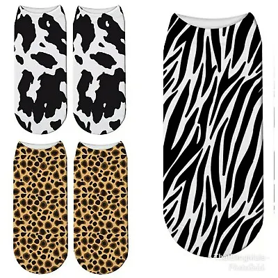 3x Pairs Animal Print Socks Ladies/Girls Low Ankle Cow Novelty Secret Santa Fun • £5.75