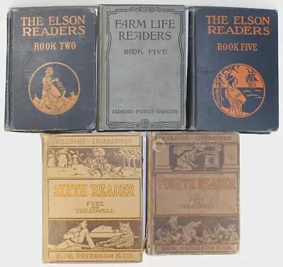 5 Antique School Books Readers: Elson 2 & 5 Free & Treadwell 4 & 6 Farm Life 5 • $25