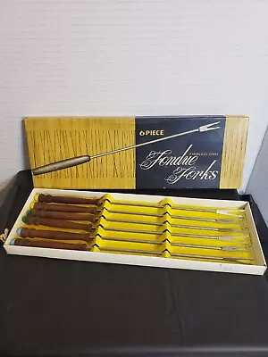 Vintage 1960's 6pc Fondue Forks Set Stainless Steel W/ Wooden Handles... • $8.99