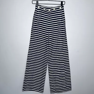 J Crew Women’s Striped Sailor Pants Wide Leg Blue Striped Button Lace Up SZ 000P • $39.99