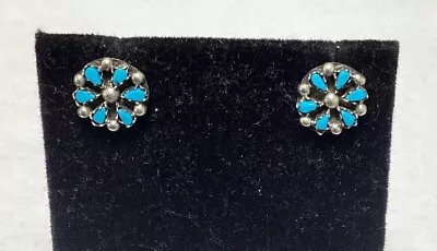 Vtg Old Pawn Sterling Silver Turquoise Petit Point Circle Stud Earrings 3/8  • £8.02