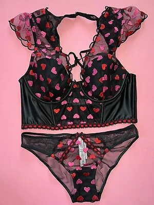 Victoria's Secret High-neck S 32C/34B BRA SET BLACK RED PINK HEART Embroidered • £85.45