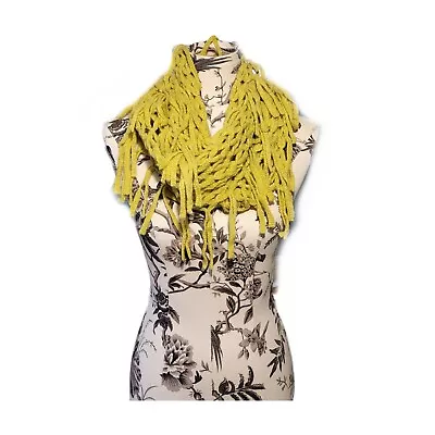 Women's Mustard Yellow Knit Sweater Mesh Infinity Scarf Fringed Edge EUC • $18.89