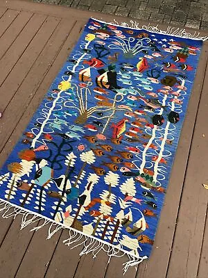 Vintage Moroccan Bohemian Rug Hand-Knotted Wool Abstract Fish Tapestry Carpet • $250