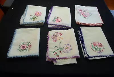 6 Vintage Tea Towels W/Floral Embroidery Crochet Edging • $14.95