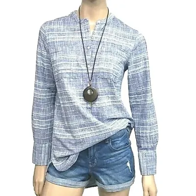 MERONA Top Women's Sz S/M Denim Blue Striped Tunic 1/2 Button L/S Henley Pockets • $10.88