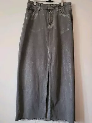 Pull And Bear Silver Metallic Denim Maxi Skirt Medium ASOS  • £5