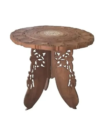 Vintage 1970  Indian Hand Carved Teak  Wooden Coffee /Side Table 18  H X 20.5  W • $62.04