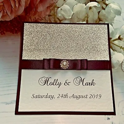 £17.50 • Buy Wedding Invitations - Double Heart Bow With Diamante/Pearl Button - Purple