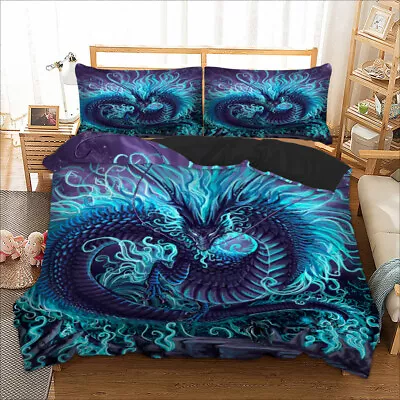 Blue Dragon Animal Quilt Doona/Duvet Covers Set Queen King Size Bed Pillowcases • $18.95