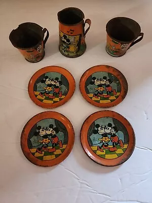 7 Vintage Walt Disney Mickey & Minnie  Ohio Art Tin Child's Play Dishes! • $35