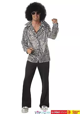 60's 70's Groovy Hippie Shirt + Afro Wig Mens Fancy Dress Costume Outfit • $61.20