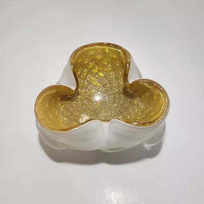 Murano Art Glass Cased White Gold Flake Ashtray Bowl Vintage Dish  • $40