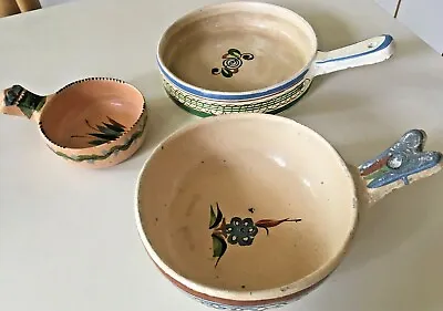 3 Vintage 1940s Mexican Tlaquepaque Clay Pottery  Dishes With Handles • $12