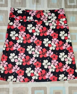 £3.99 • Buy Ladies Black / Pink Tropical Floral Knee Length Stretch Cotton Skirt - Size 16