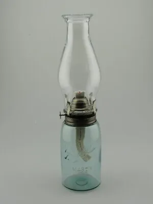 Aqua Quart Mason Jar Oil Lamp With  Beaded Chimney • $24.50
