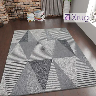 Grey Geometric Rug 100% Cotton Small Extra Large Washable Flat Weave Carpet Mat • £16.99