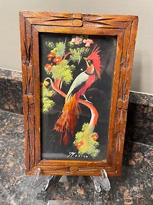 Vintage Mexican Red Bird Feather Picture Carved Wood Frame • $9.95