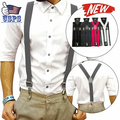 Men Y-Shape Suspenders Elastic Strap Brace 3 Clips Adjustable Pants Brace TBN US • $5.95
