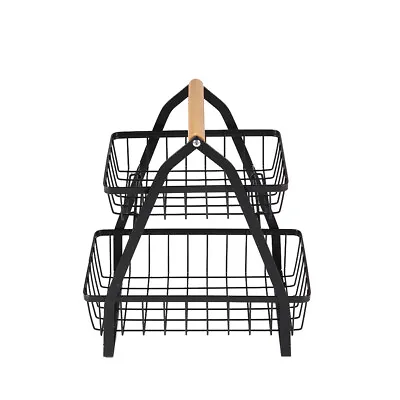£11.95 • Buy Metal Wire Fruit Egg Bread Food Storage Basket Rack Wooden Handle Kitchen Shelf
