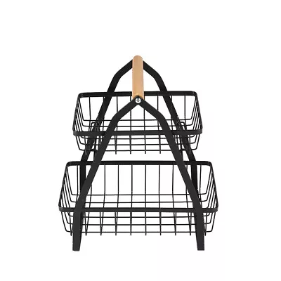 Metal Wire Fruit Egg Bread Food Storage Basket Rack Wooden Handle Kitchen Shelf • £10.94