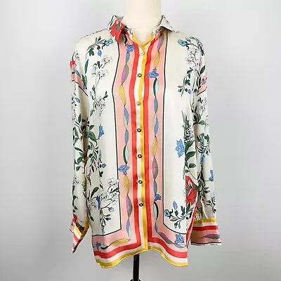 ZARA Size M Womens Floral Blouse Top Collared Long Sleeves Retro Satin • $27