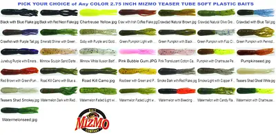 Mizmo Tubes Teaser 2.75 Inch Soft Plastic Bass Tube Baits Any Color 12 Count Pk • $6.99