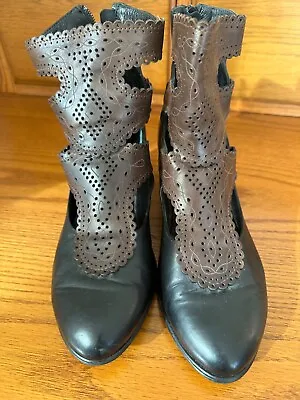 $55 • Buy Anthropologie Everybody Chiseled Doily Leather Black Brown Filigree BootEU 38.5 
