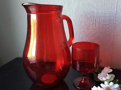 £10 • Buy Goblet Glass & Wine Pitcher Red Hand Painted Carafe Large Water Jug Table 520ml