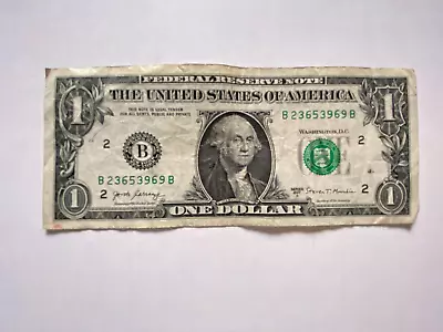 One Dollar Bill Serial Number B 23653969 B $1 Note US Real Money 2017 ACCEPTABLE • $4.99