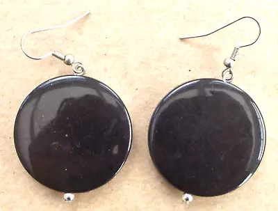 Black Disc Silver Tone Fastening Drop Earrings Pierced • £5.70