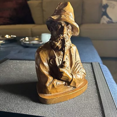 Vintage Hand Carved Wooden Man With Pipe Bust • $5