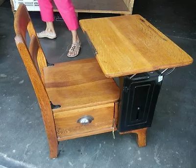 023 Antique School Desk Chair Langslow Fowler Wood Metal Oak Medium Moulthrop  • $200