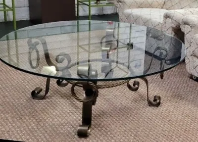 Mid Century Hollywood Regency Bronze Gilded Iron Scroll 42  Glass Coffee Table** • $250