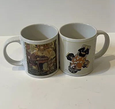 Set Of 2 Norman Rockwell The Post Cover Coffee Mug/Tea Mugs “The Bid & The Game  • $14.99