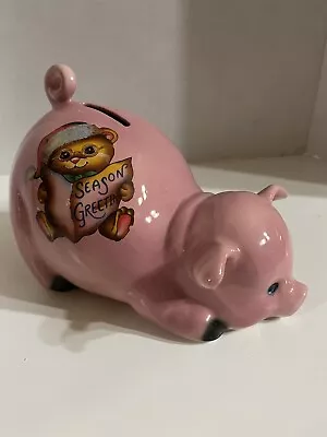 Piggy Coin Bank Vintage Crouching Ceramic Pink Seasons Greetings Pig • $13